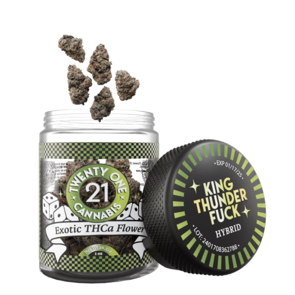 Twenty One Flower Jar - 1 OZ - Exotic THCa - King Thunder Fuck (Hybrid)-THCA Flower-No Limit Distro