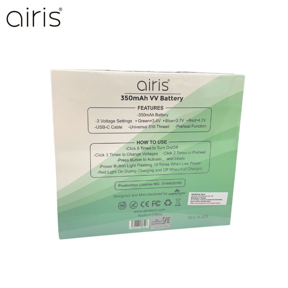 Airis 350mAh Button VV 510 Battery USB-C - BULK PACK OF 20X-510 BATTERY-No Limit Distro